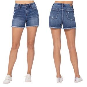 JUDY BLUE Women’s Size M Washed Dark Blue High-Rise Cut-Off Denim Jean Shorts